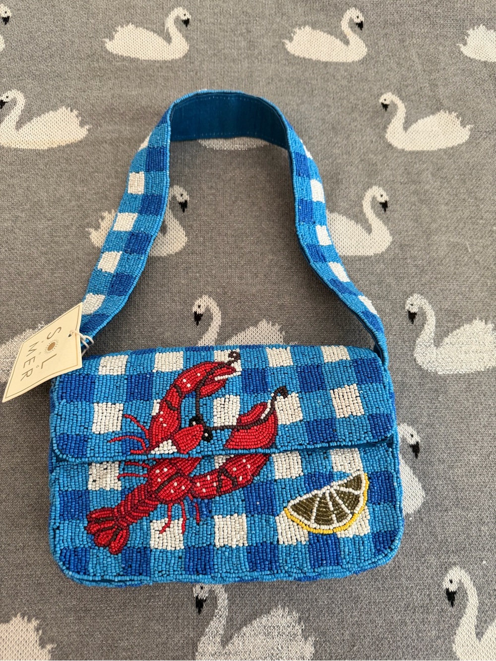 T.J.Maxx Blue Check Beaded Shoulder Bag with Red Lobster